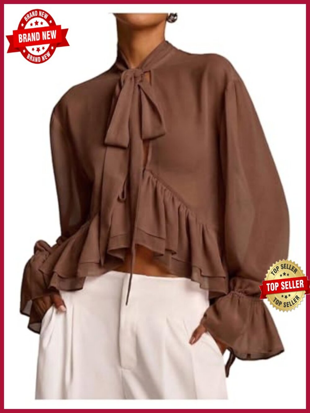 Sheer Chiffon Ruffle Tie Neck Long Sleeve Crop Blouse Peplum Shirt